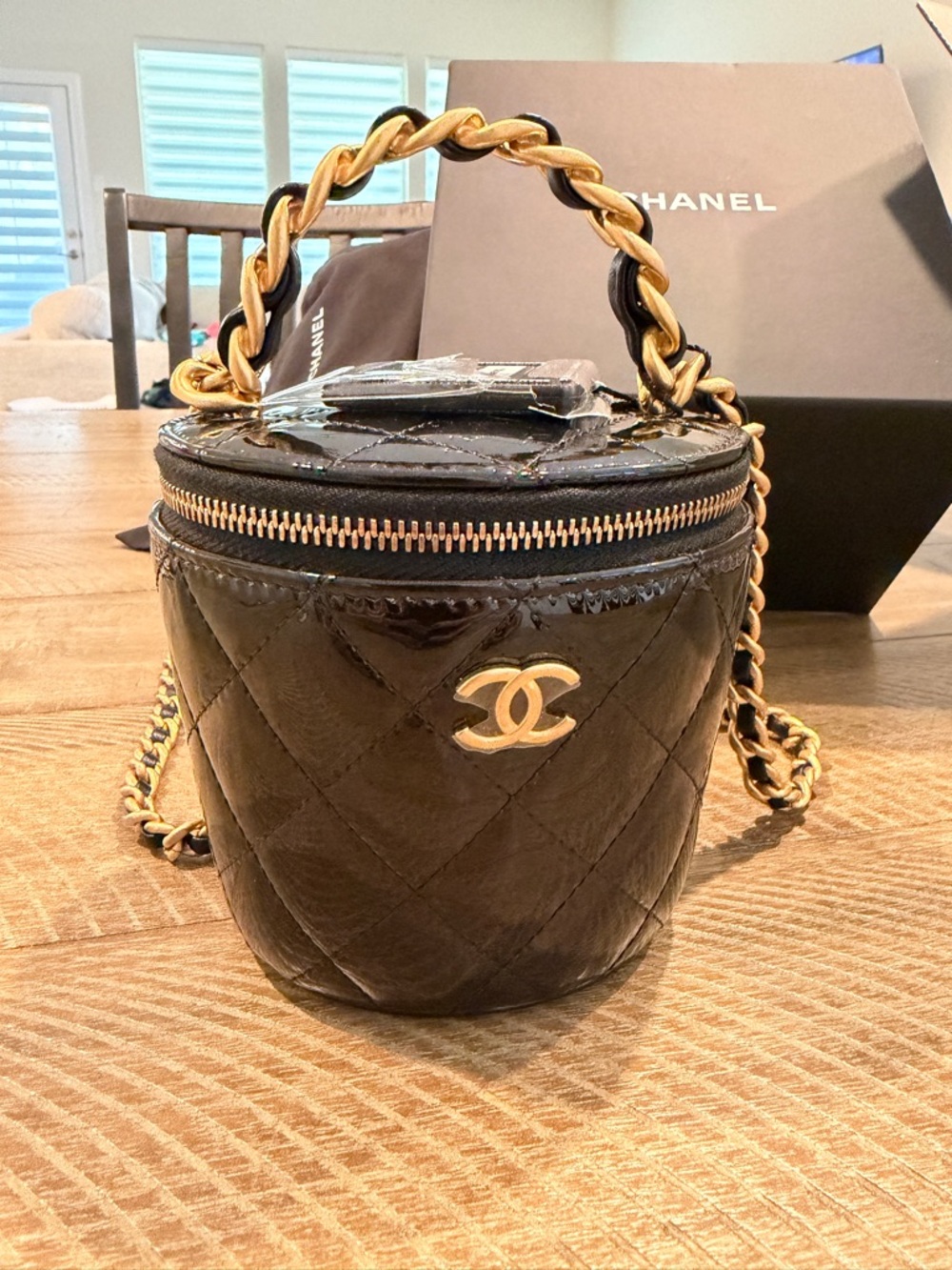 CHANEL Black Patent Quilted Vanity Bucket Tea Bag with Gold Chain